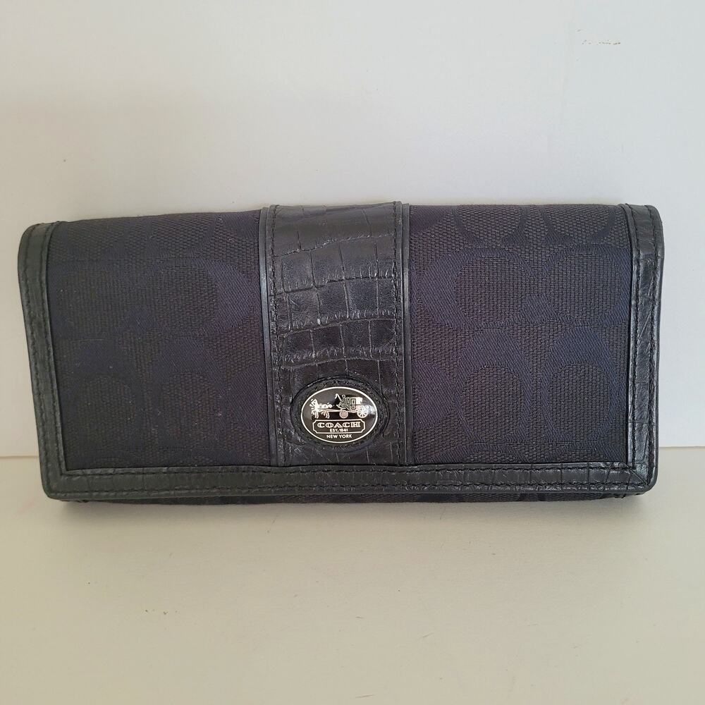 COACH Signature C Black Canvas Faux Leather Bifold Continental Wallet Women's
